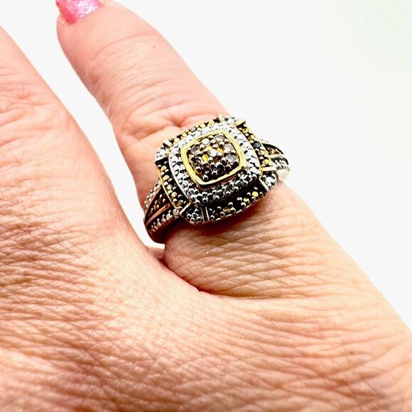 Designer Womens Ring Sterling Silver Champaign & Clear Diamond Size 6 - Picture 3 of 6